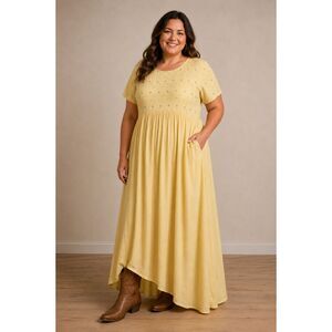 Double D Ranch Yellow Maxi Dress with Silver Scroll Embroidery and Studs Large